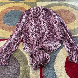 Olivaceous Sheer Long Sleeve Blouse Top Smocked Turtleneck Tie Front Snakeskin M